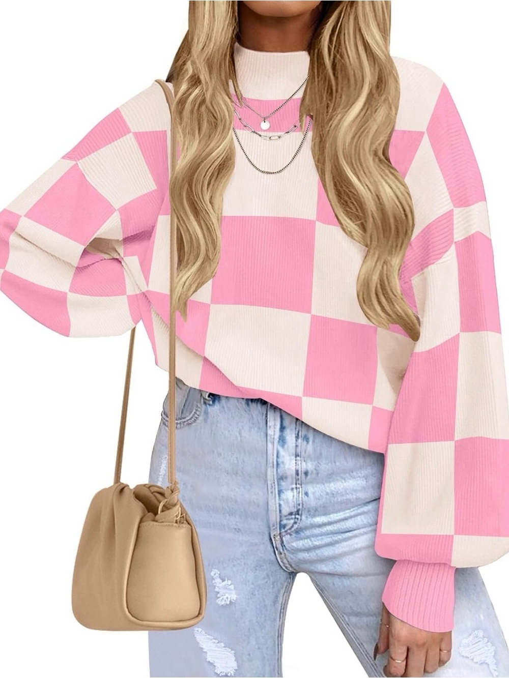 Women's Pink & Cream Checker Turtleneck Sweater Lantern Sleeve Boyfriend Size L